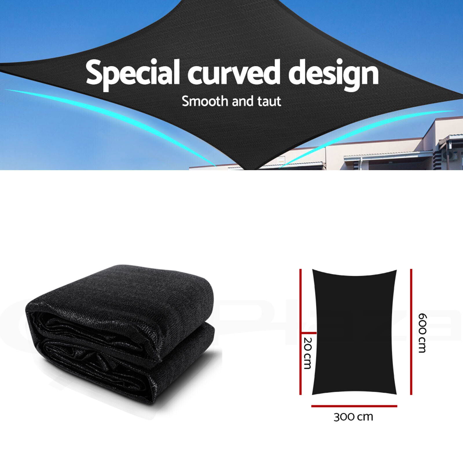 Instahut Shade Sail 3x6m Rectangle 280GSM 98% Black Shade Cloth