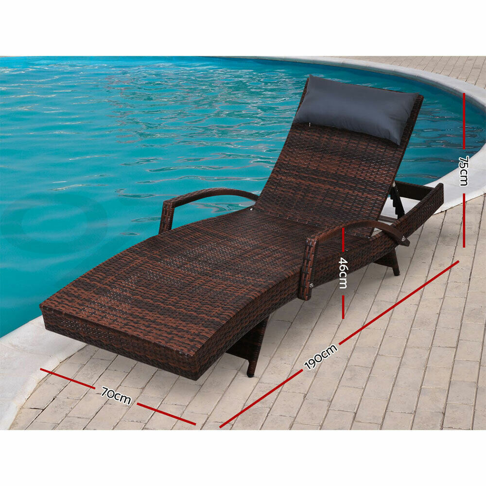 Gardeon Sun Lounge Wicker Lounger Outdoor Furniture Beach Chair Armrest Adjustable Brown