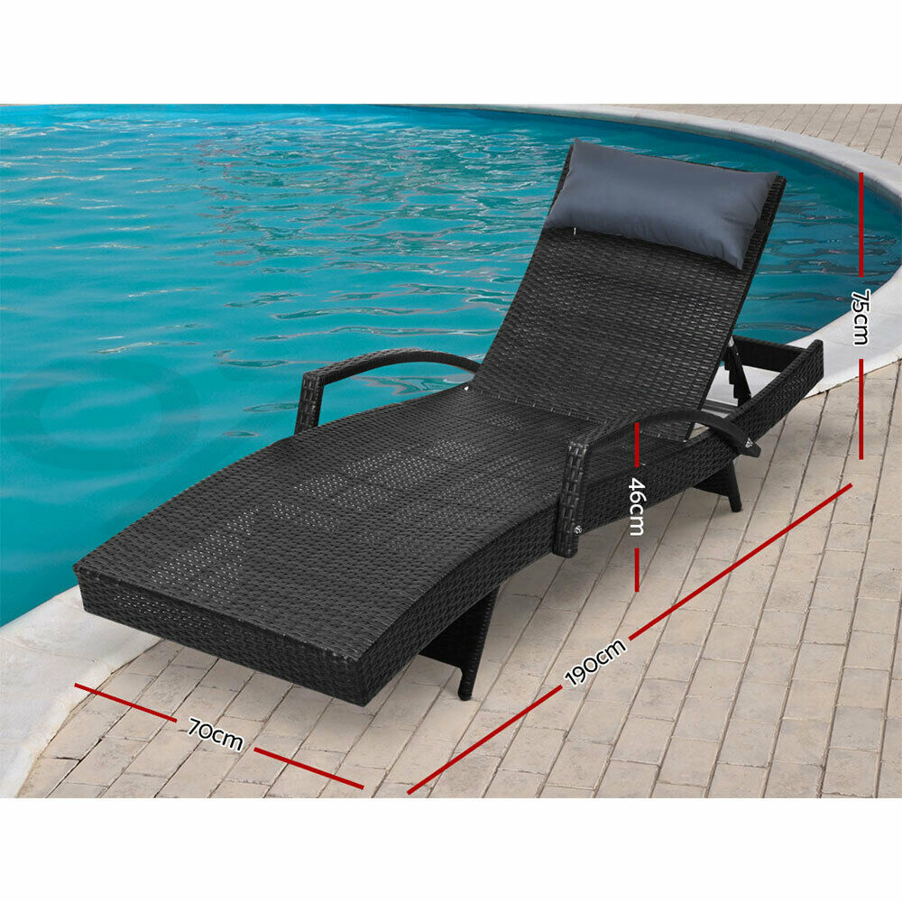 Gardeon Sun Lounge Wicker Lounger Outdoor Furniture Beach Chair Armrest Adjustable Black