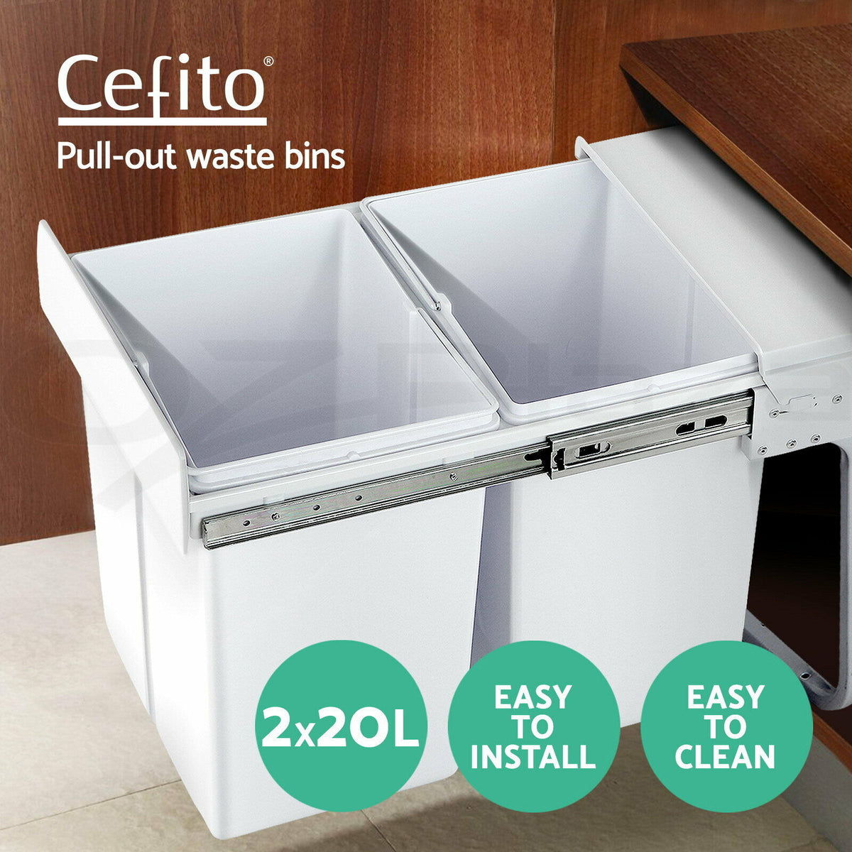 Cefito Pull Out Bin Kitchen Double Basket 2X20L White