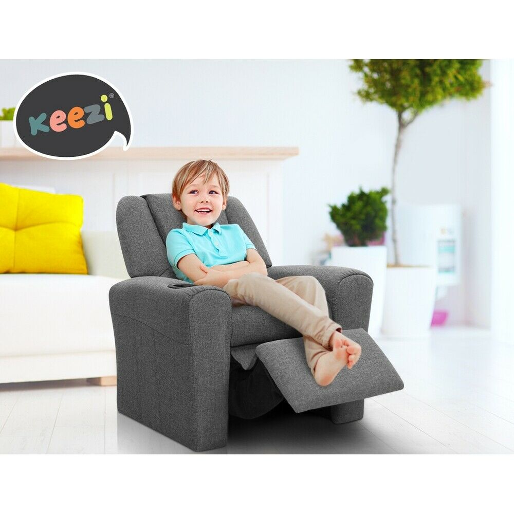 Keezi Kids Recliner Chair Linen Soft Sofa Lounge Couch Children Armchair Grey