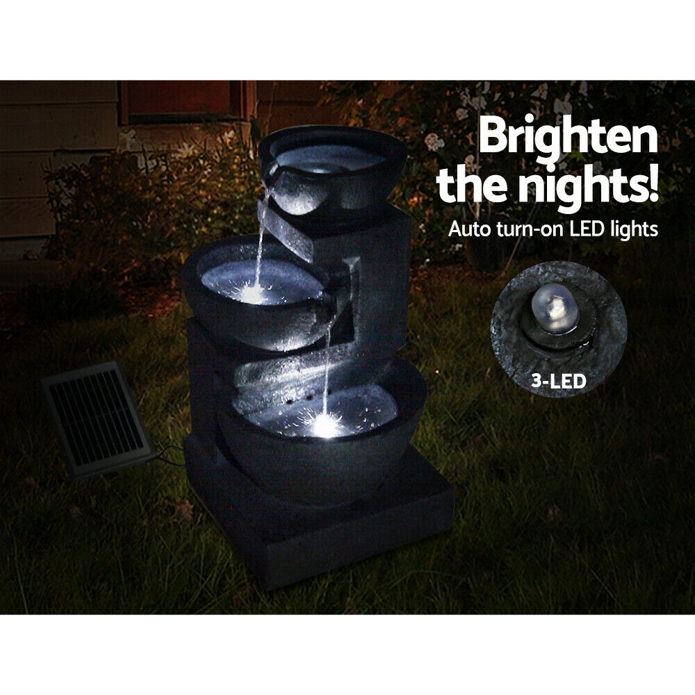 Gardeon Solar Water Feature with LED Lights 3-Tier Bowls 60cm